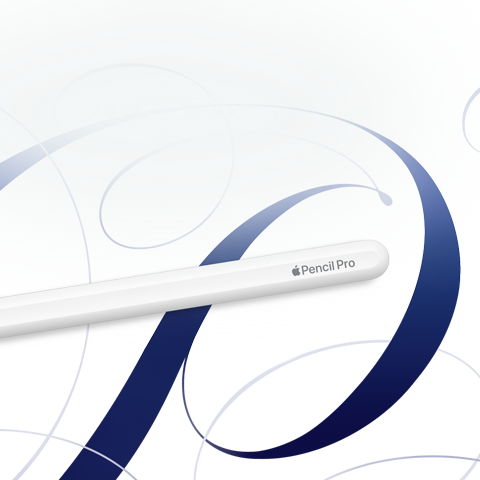 Biela ceruzka Apple Pencil Pro na bielom pozadí s modrými vírmi